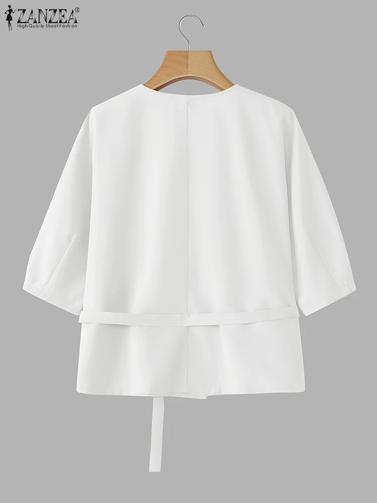 ZANZEA Half Puff Sleeve Tie-Waist Shirts Korean Fashion Women Office Button Up Chemises Femme 2025 Summer O-Neck Elegant Tops
