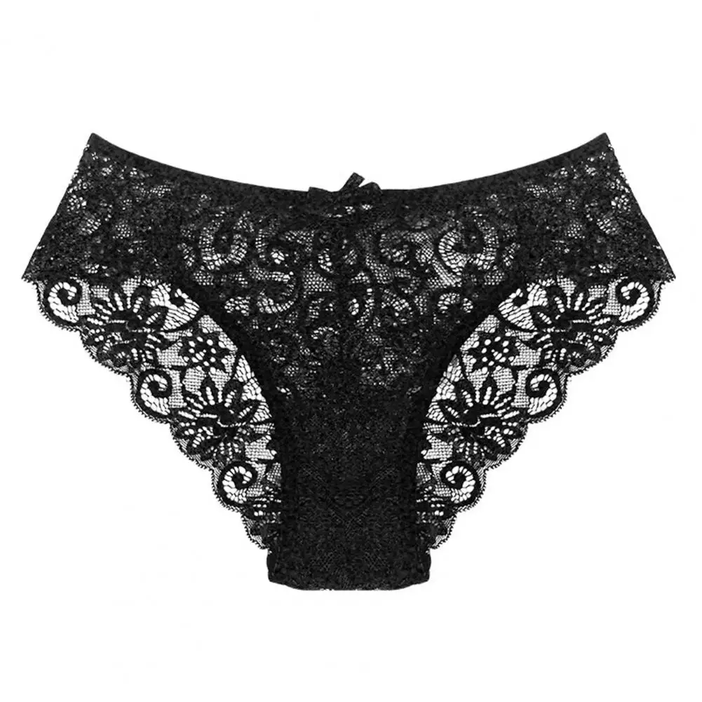 Women Underpants Solid Color Hollow Out Lace Bow-knot See-through Protective Thin Mid Waist Lady Briefs Women Accessory