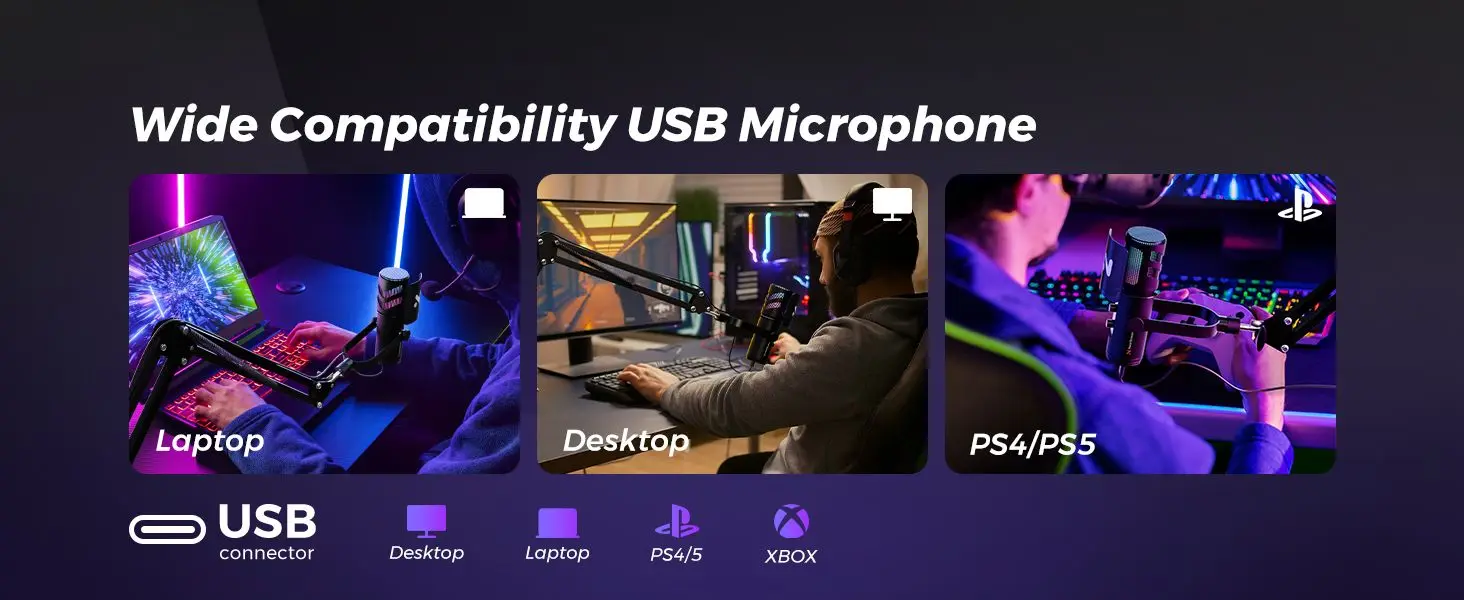NearStream USB/XLR-Kondensator-Mikro-Gaming-Mikrofon mit 8 RGB-Modi, Beleuchtung, Auslegerarm für Streaming auf PC/PS5, Gamer-Mikrofon – Detail 11
