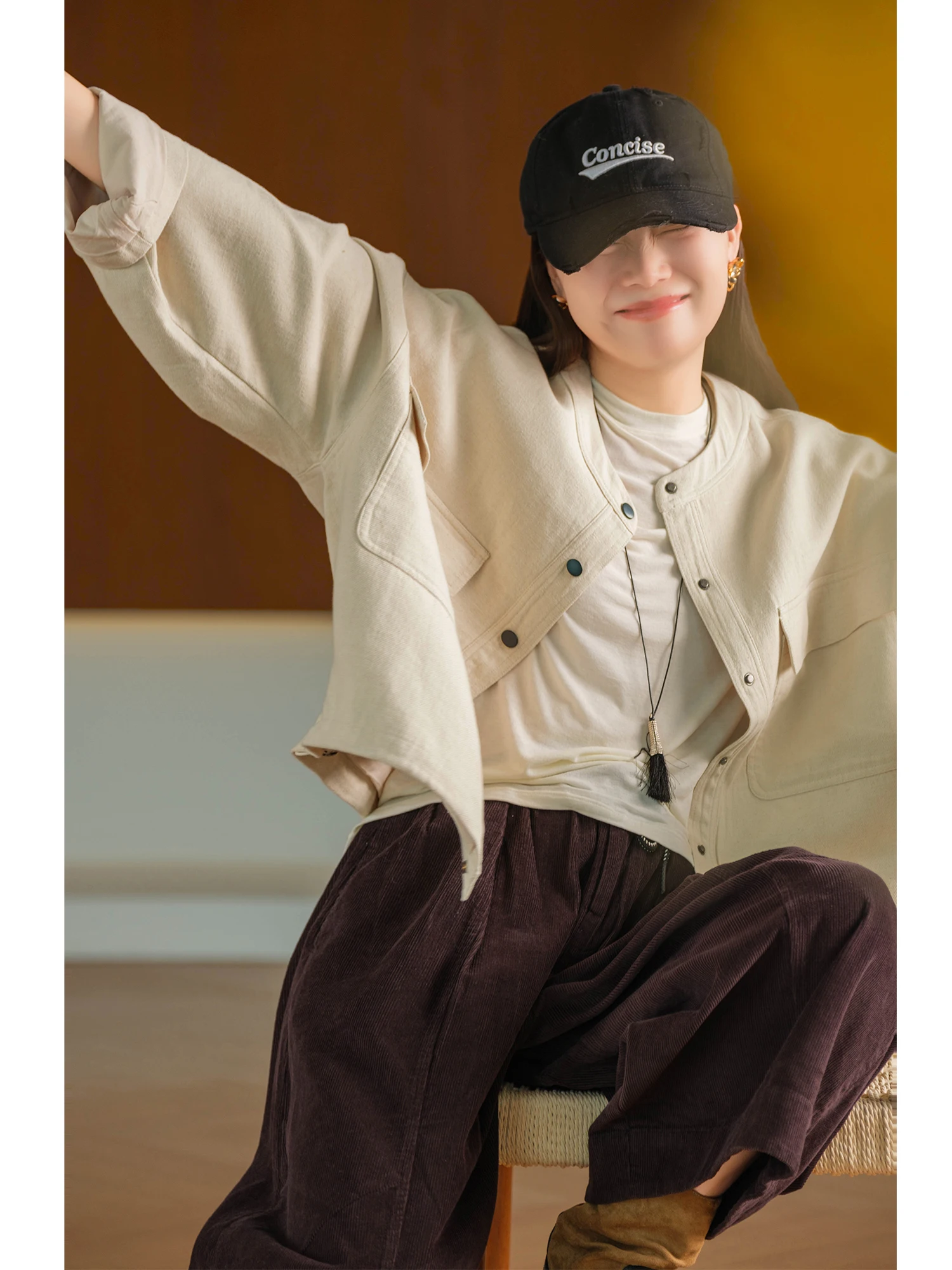 Heavyweight Textured Hanflax Cotton Jacket with Drawstring Hem And Pocket Casual Loose Fit Women's Breathable Short Coat