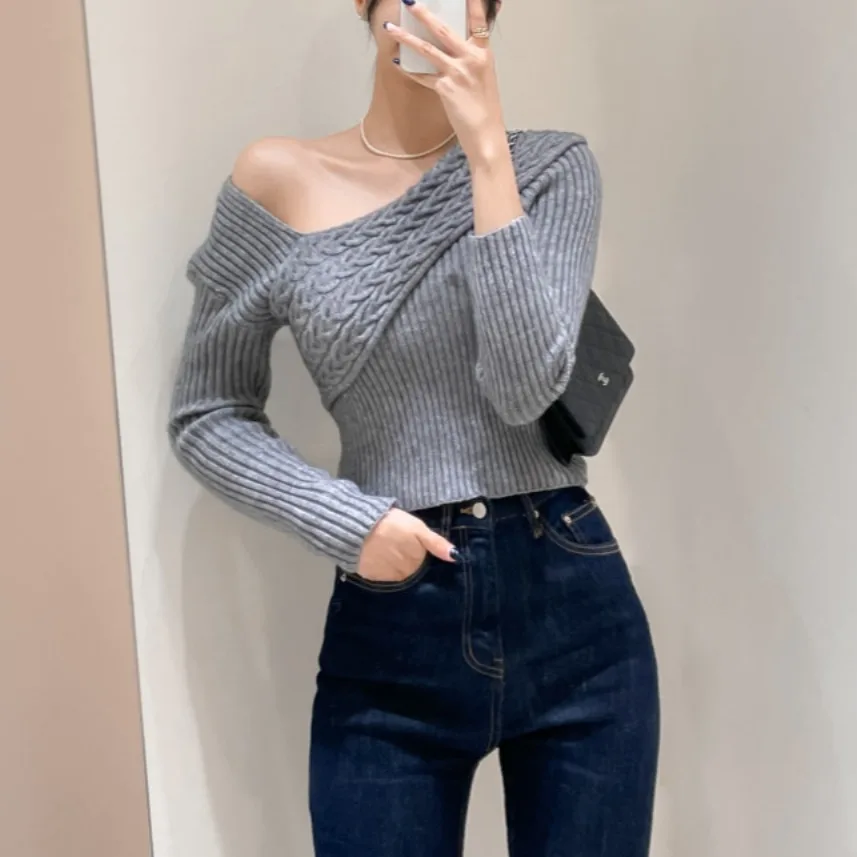 

Шикарный вязаный свитер женский oulder Bared Long Sve Slim Fit в стиле пэчворк Design Sensation Casual Sle Faionable Top