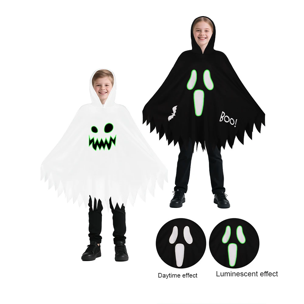 

Halloween Childrens Costume Glow in the Dark White Screaming Ghost Face Skeleton Ghost Cape Party Dress up Cloak Dance Suit