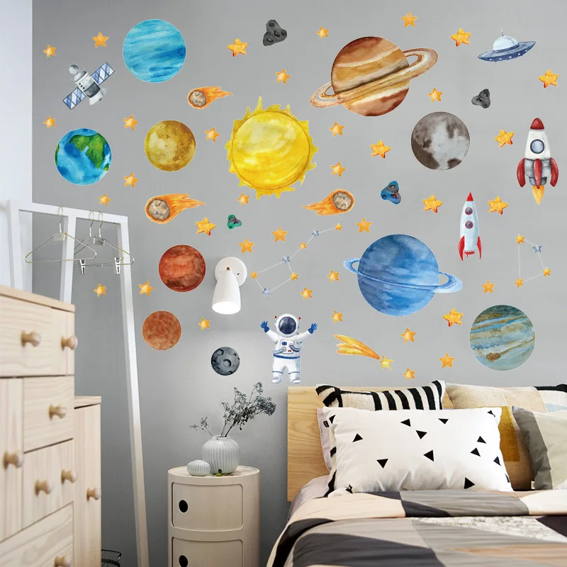 Cartoon Painted Space Planet Astronauts Rocket Children's Room Home Wall Decoration Wall Stickers Self-adhesive Wall Stickers