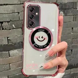 Airbag Transparent Smile Face Magnetic Phone Case On For Samsung Galaxy A13 A14 A15 A16 A23 34 A35 A36 A54 A55 4G 5G Cover