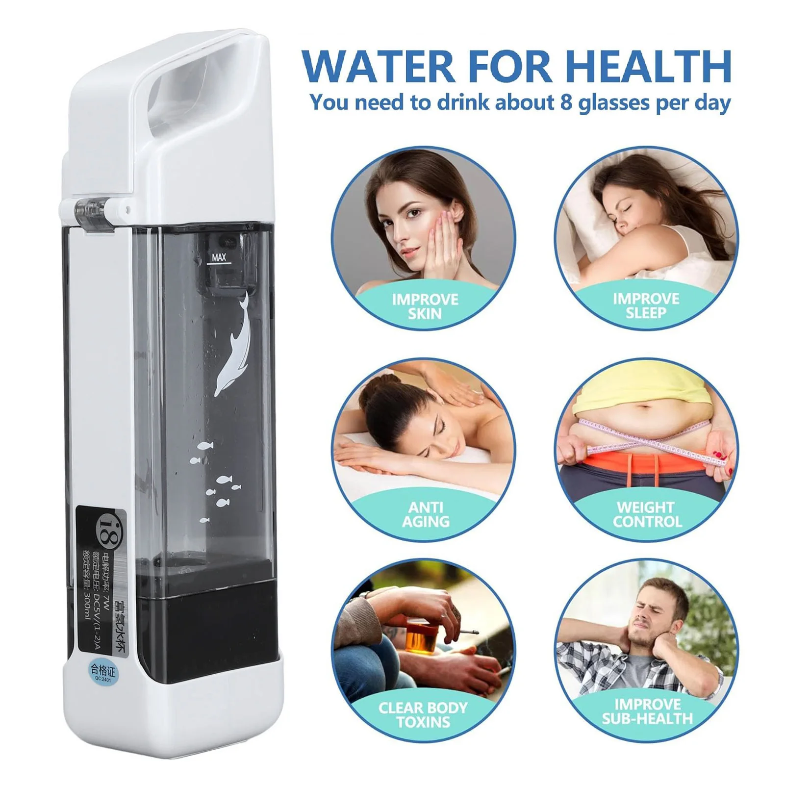 

Hydrogen Water Bottle 300ML Portable Hydrogen Water Ionizer Machine Rechargeable Rich Hydrogen Water Maker for Travel Office