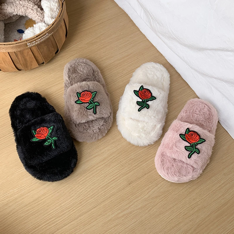 JGSHOWKITO New Girls Winter Fluffy Slippers Sweet Embroidery Children Princess Causal Flat Shoes Warm Soft Kids Plush Slippers