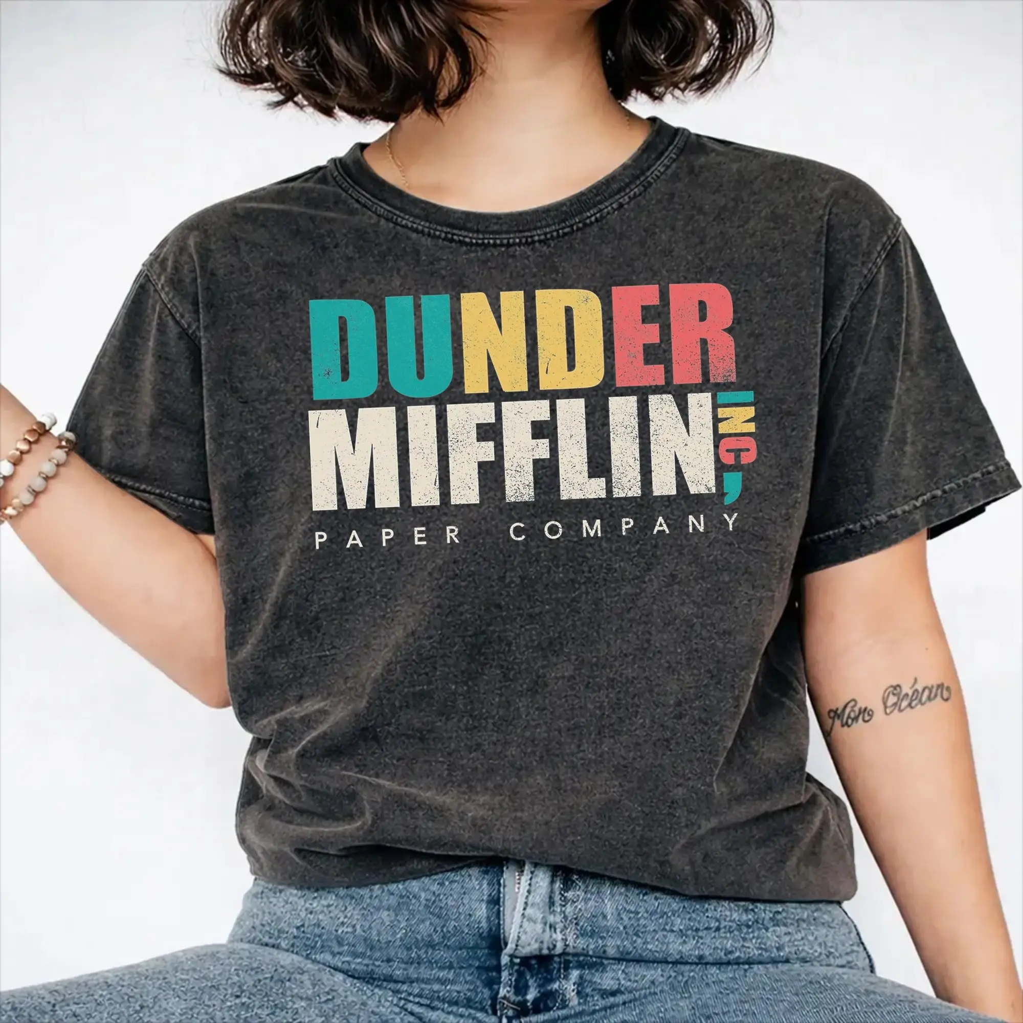 Graphic Printed Dunder Mifflin Washed Shirt Outfit Oversize T-Shirts  Men Women Tees