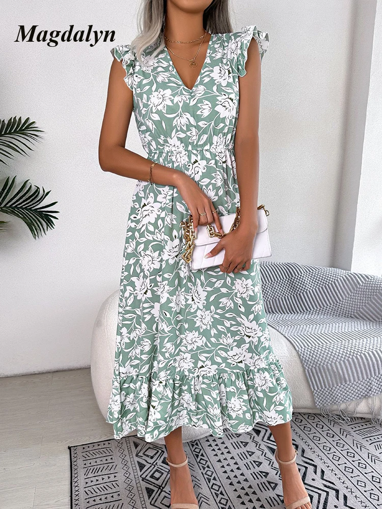 Magdalyn Flower Chiffon Fashion Long Dress Female V-Neck Fungus Side Beach Holiday Dress Summer Casual Sleeveless Dress Sundress