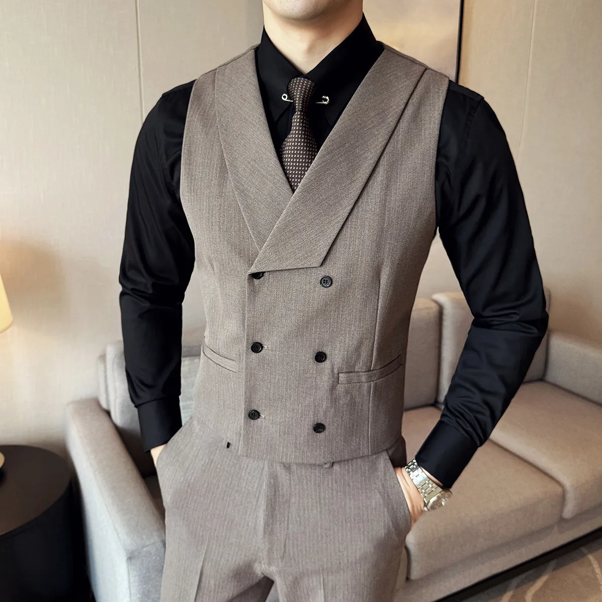 ( Vest + Pants) Fashion Double Breasted Striped Suit Vest With Pants Autumn New Men's Business Casual Wedding Dress Vest 2 Pcs