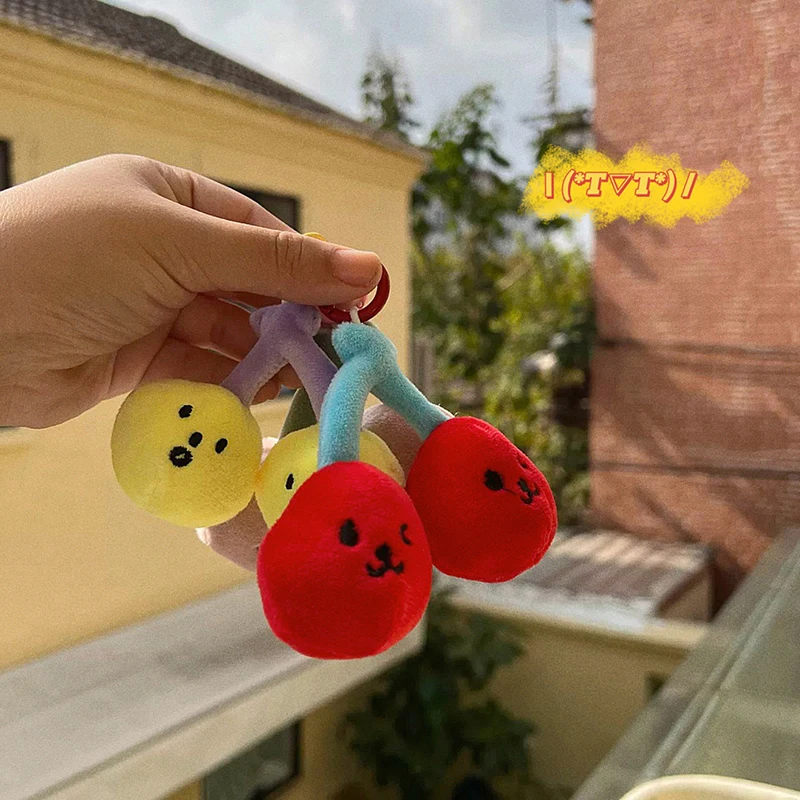 1Pc  Plush Cherry Keychains Funny Expression Car Keys Keychains Korean Style Fruit Doll Keyring With Lanyard Backpack Pendant