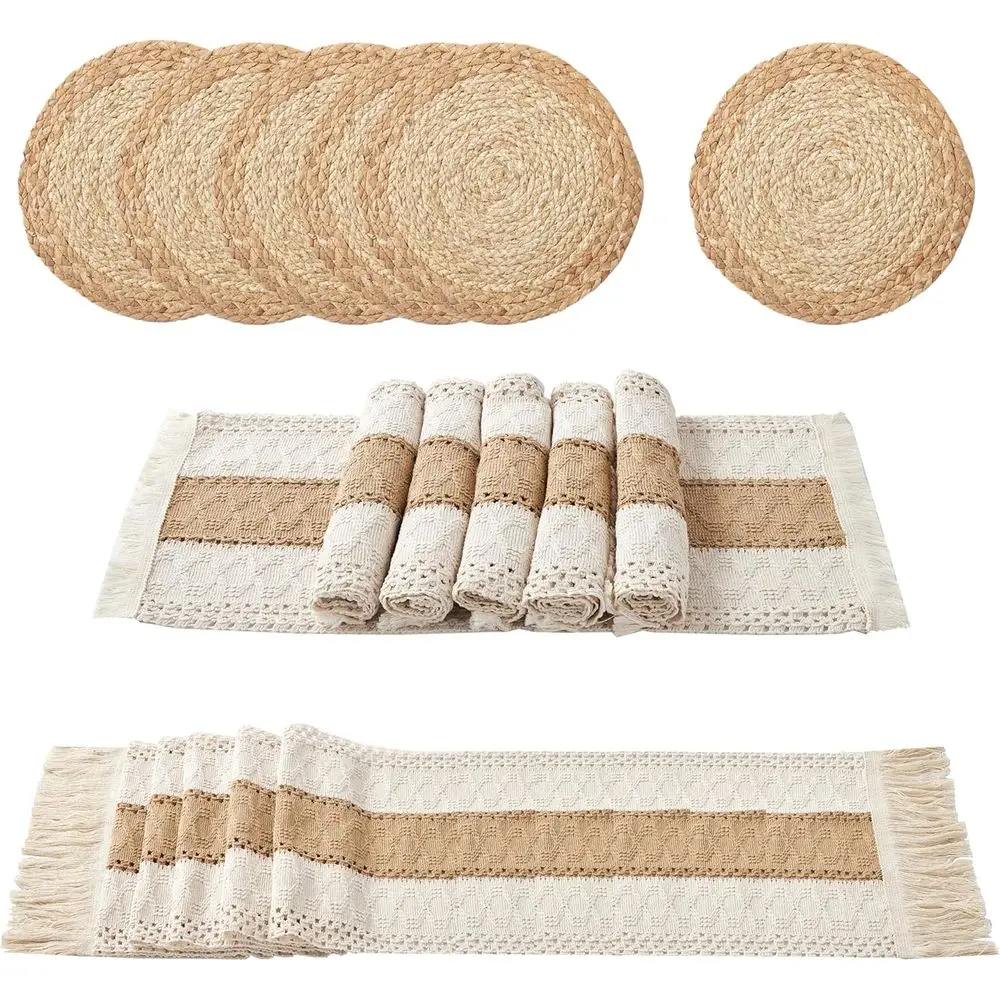 

Набор из 13 плетеных салфеток ручной работы из травы с натуральным хлопковым льняным и джутовым покрытием, 12x70 дюймов, и дорожка на стол из мешковины, 12x70 дюймов