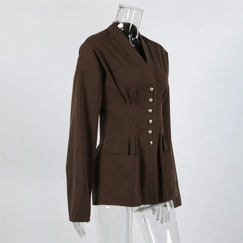 Primavera e outono novo temperamento commuter camisa feminina retro marrom escuro cardigan moda mangas compridas plissado camisa fina topo