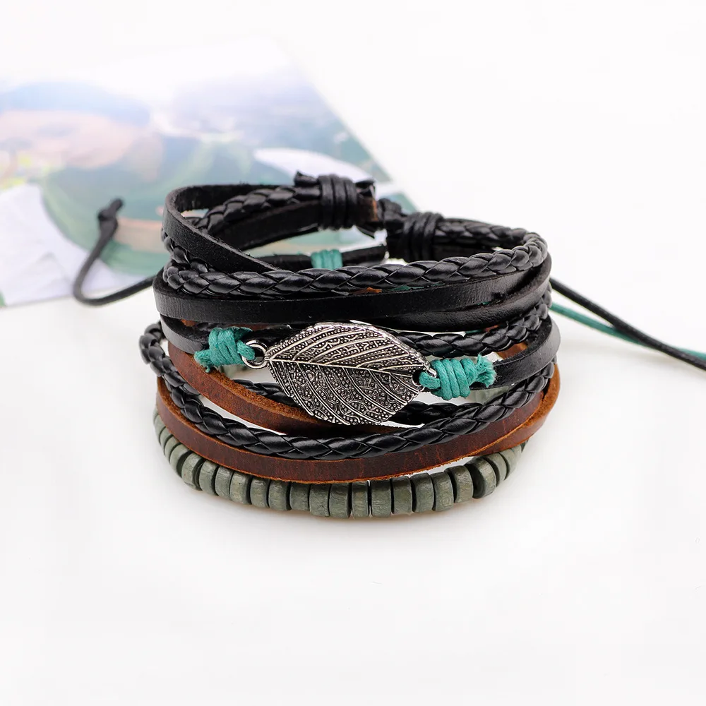 Punk Gothic Retro Individuality Set of 4 Hand knitting Dorgan  Assembly Alloy Leafage String of beads Leather Bracelet Accessory