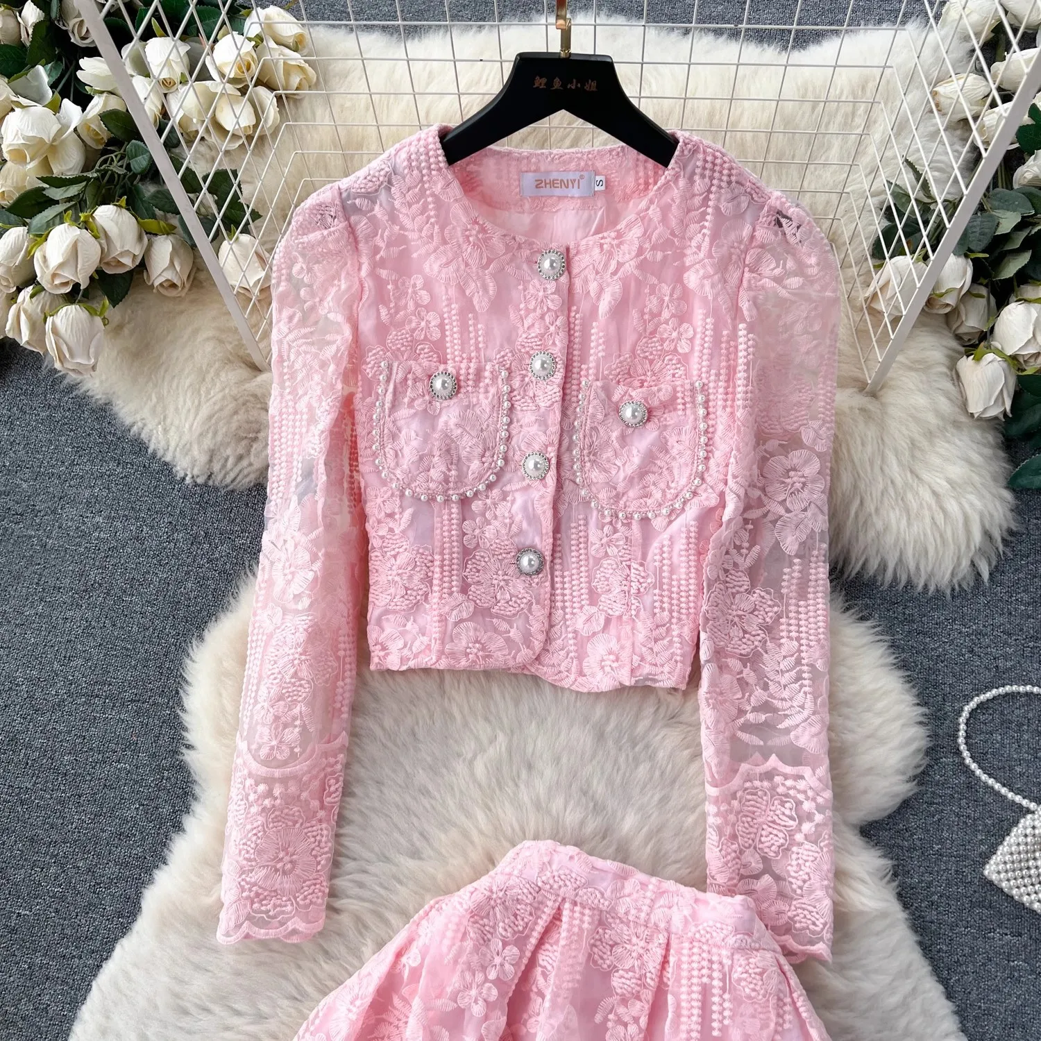 JAMERARY Summer Holiday Embroidery Two Piece Sets Women Skirts Suits Lace Jacket Long Sleeve Tops And Midi Skirts Sets