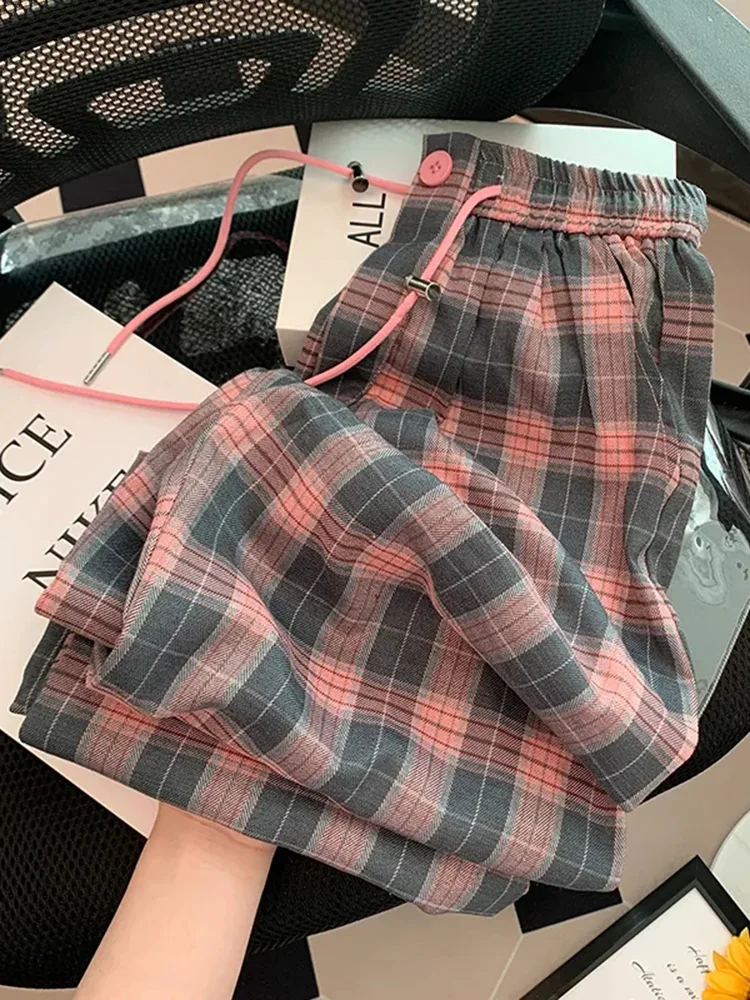 Retro Pink Plaid Pants Women High Waist Casual Korean Sweet Wide Leg Trousers Fall Winter Loose Female High Quality Elegant Pant