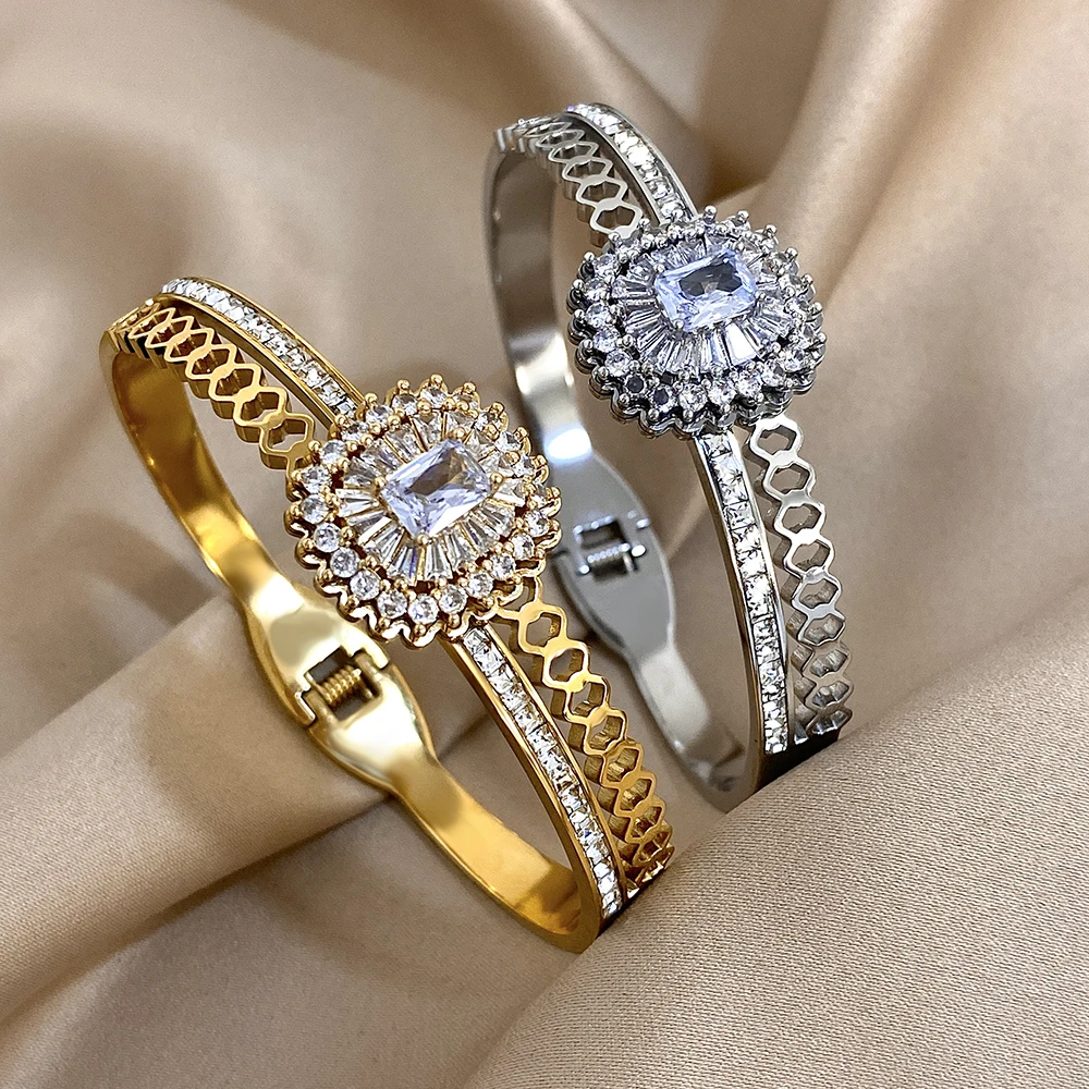 Brazalete de acero inoxidable con incrustaciones de diamantes de imitación de lujo, preciosa circonita sintética, forma de estrellas cuadradas ovaladas geométricas para mujer