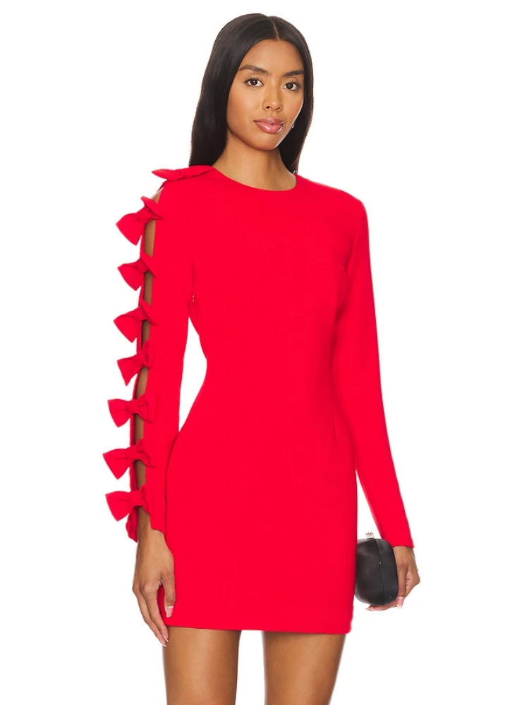 Sexy O Neck Long Sleeve Bow Mini Dress Fall Women Fluorescent Red Hollow Out Bownot Slim Dresses Celebrity Evening Party Gowns