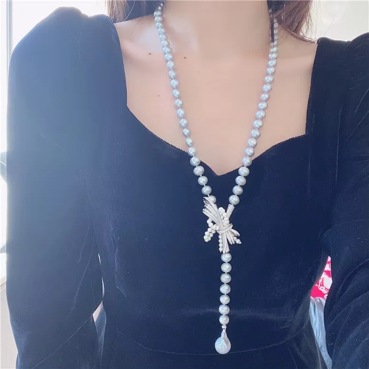 23'' Natural Gray Round Pearl With White Keshi Pearl Crystal CZ Pave Silver Color Plated Pendent  Necklace
