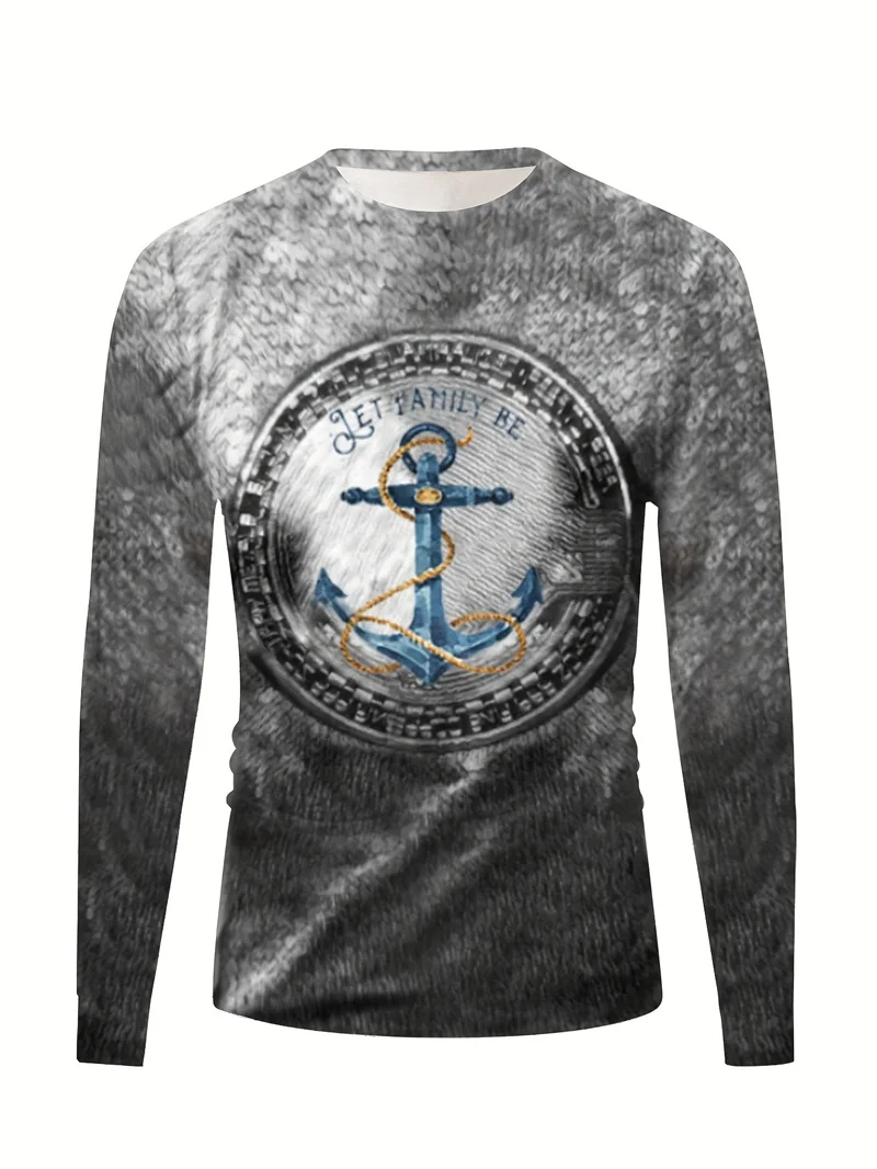 Creative Anchor Pattern Men's Chic Long Sleeve T Shirts Fashio Spring  Crew Neck Graphic Tshirt Casual Street Hip Hop Tops 