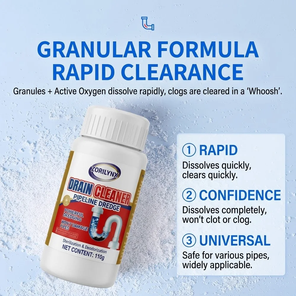 110g Drain Cleaner Powder, Powerful Pipeline Dredge Agent for Kitchen Sink Toilet Bathtub, Clog Remover Non-Damaging ZORILYNX view 4