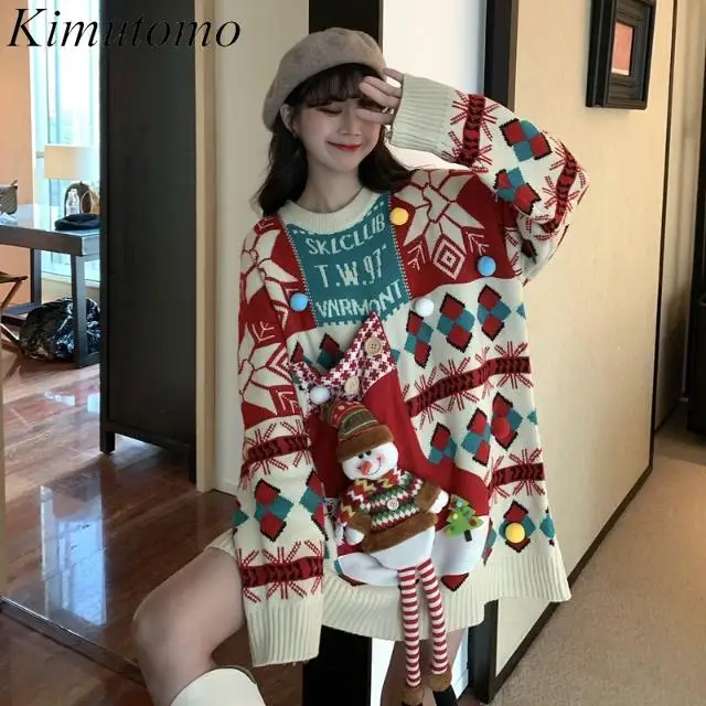 Kimutomo Atmosfera natalizia Maglione oversize rosso Maglioni decorativi tridimensionali Pullover coreano di media lunghezza a contrasto