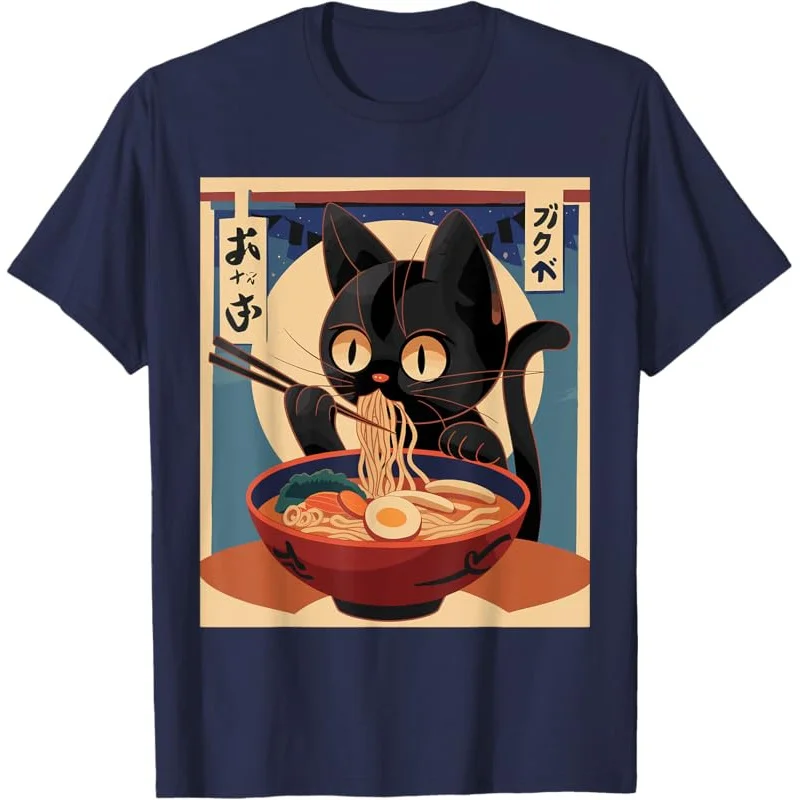 Kawaii cat eating ramen noodles Anime girls teens graphic T-shirt