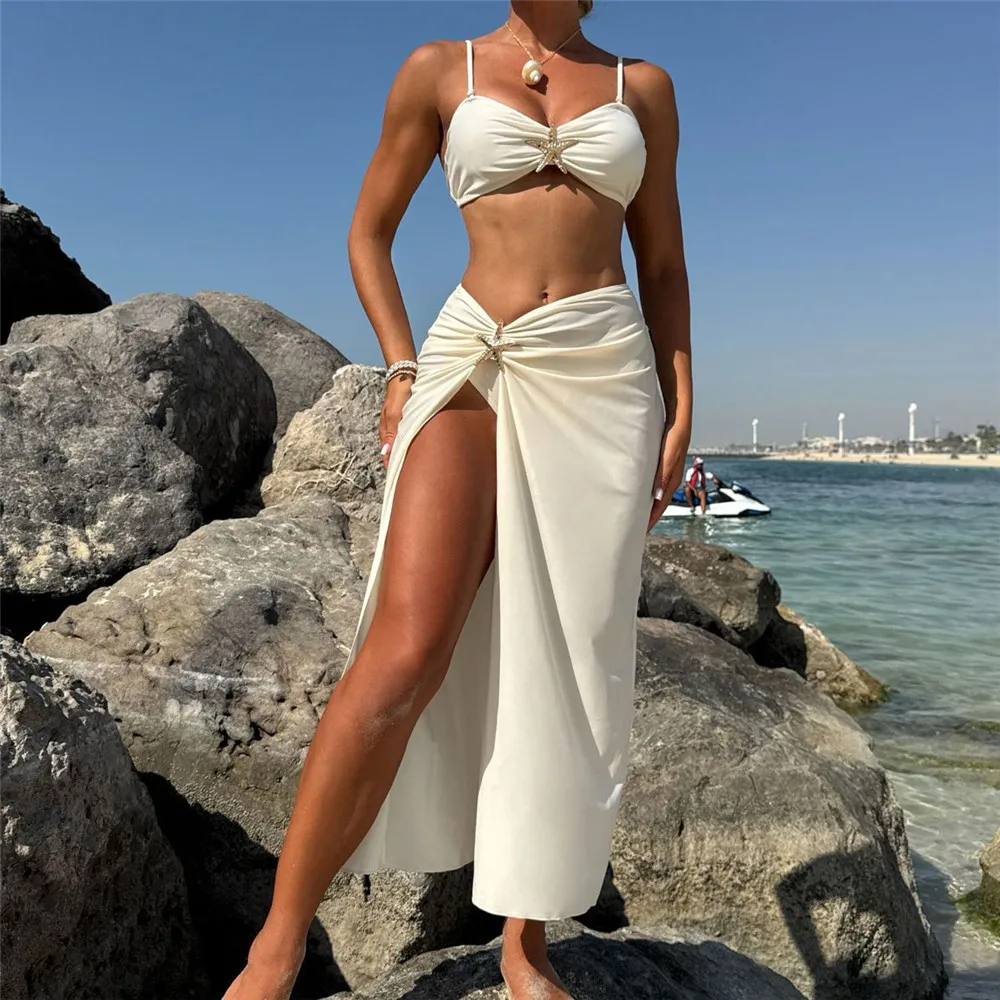Metal Starfish White Bikinis Sets 3 Pieces Cover Up Sexy Swimsuit Women Holiday Swimwear Back Knotted Beach Wear Bikini 2025