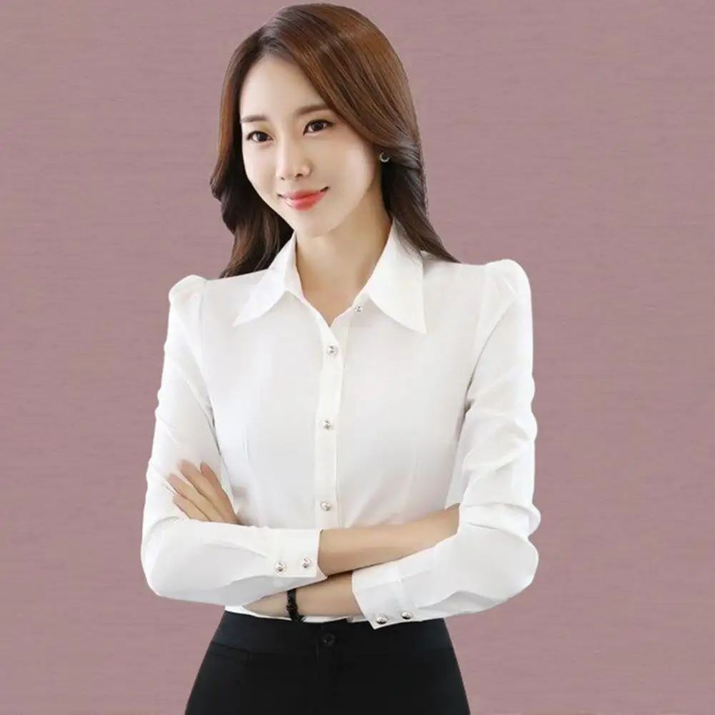 Women Blouse Comfortable Women Shirt Top Lapel Collar Enhance Beauty Image  Stylish Solid Color Long Sleeve Formal Shirt