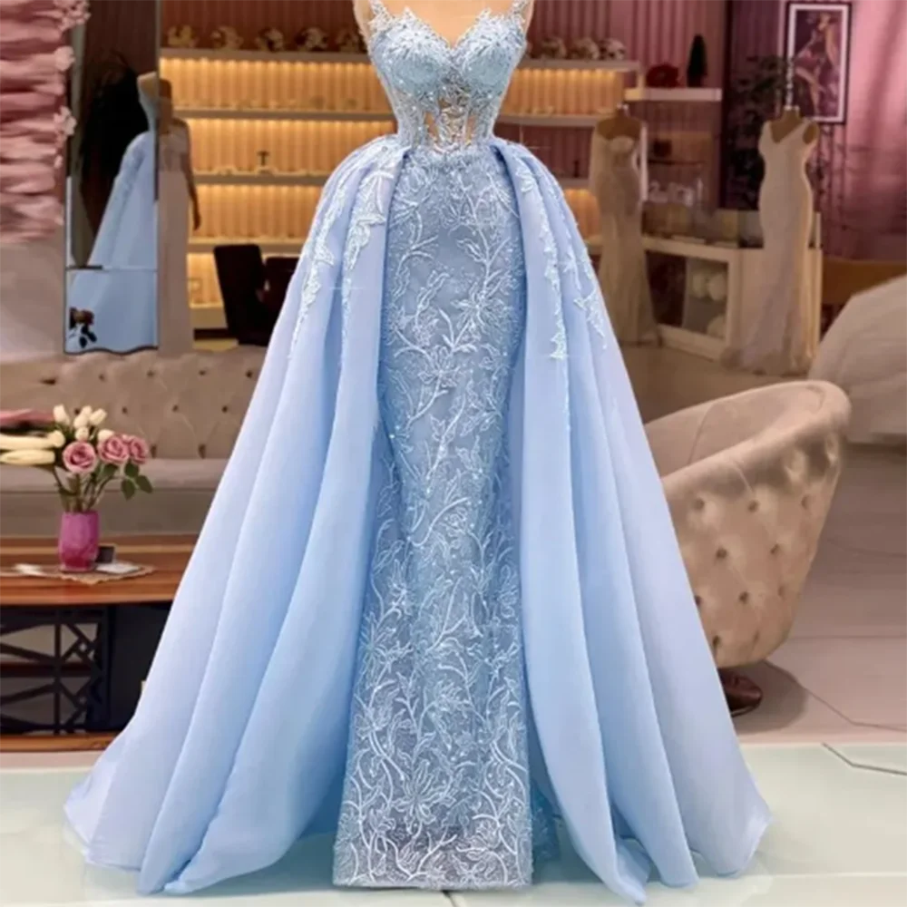 Exquisite Light Blue Floor Length Shiny Formal Evening Dress Sweetheart Sleeveless A-line فساتين سهرة Pretty Vestidos De Festa