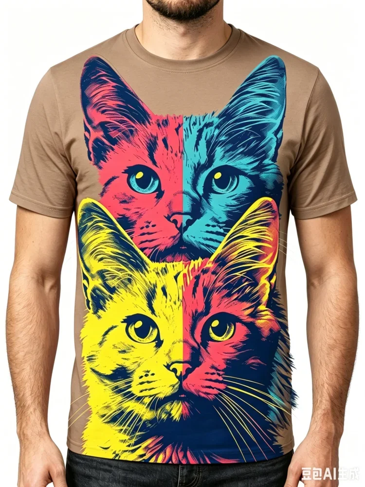 Men's Pop Art Cat Print T-Shirt 3D Colorful Split Cat Graphic Tee Casual Crew Neck Short Sleeve Summer Street Man Clothes