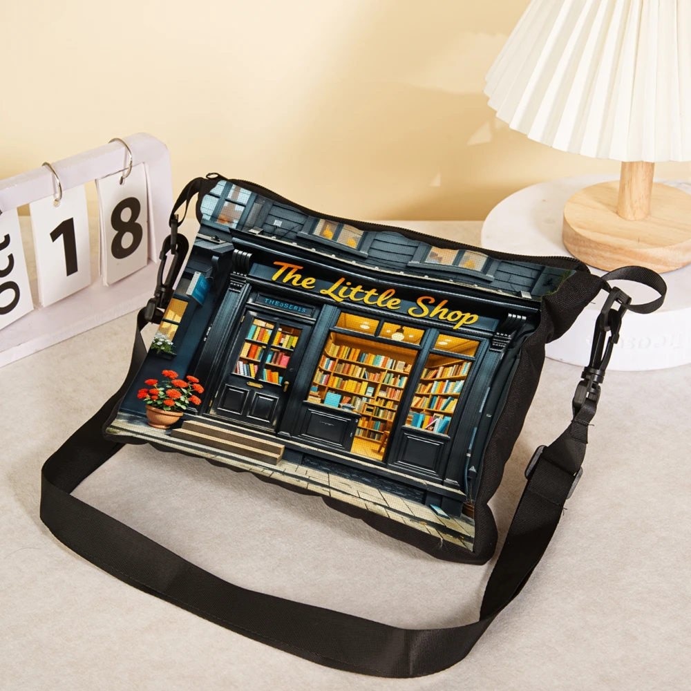 The Little Shop Bookstore Print Crossbody Bag Black Vintage Bookstore Front With Yellow Sign And Colorful Books Shoulder Bags Fo