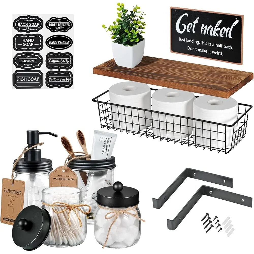 

Банки Мейсон, набор плавающих полок для ванной комнаты, дозатор мыла, держатель для зубных щеток, держатели Qtip, настенный декор для хранения туалетной бумаги