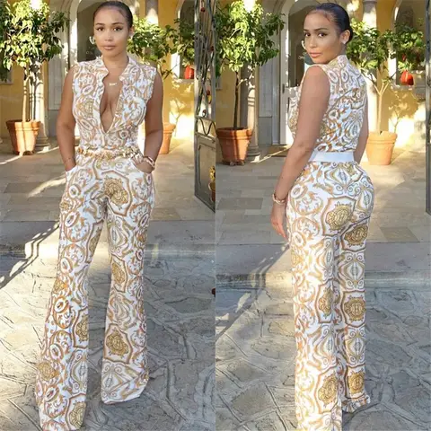 Women's Casual Loose Overalls Jumpsuits One Piece Sleeveless Printed Wide Leg Long Pant Rompers