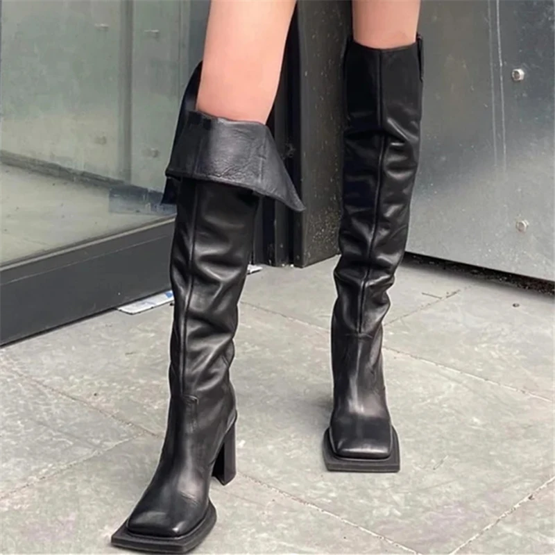 

Square Toe Over the Knee Boots for Women Black Sexy Thigh High Botas Mujer Chunky High Heels Designer Shoes Retro Long Boot