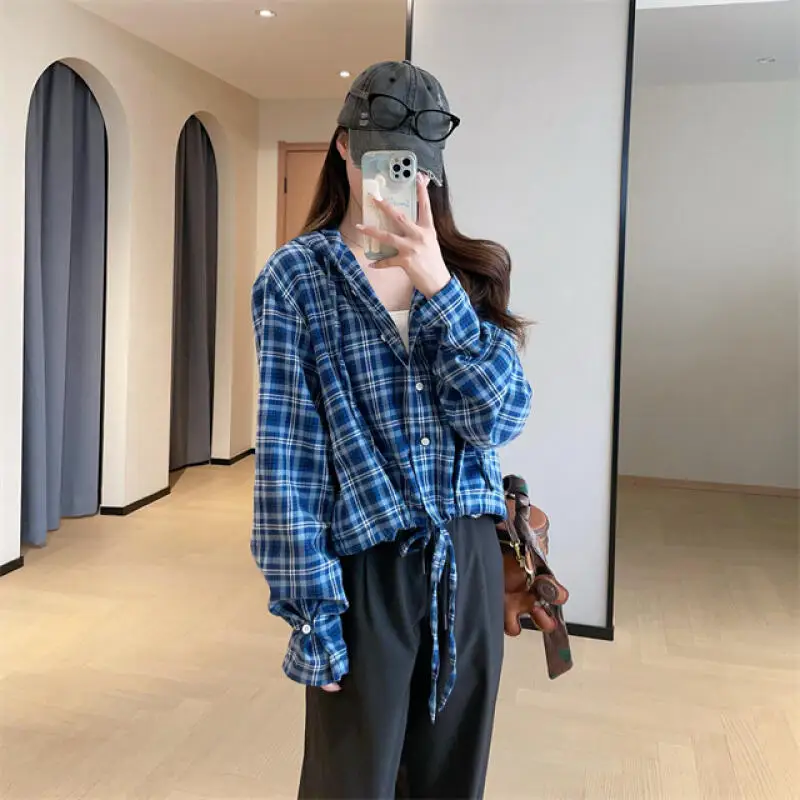 

Blue Plaid Hooded Long Sleeves Shirt Girl Literature and Art Autumn New Short Style Tops Coat Fashion Women Clothing Wholesale