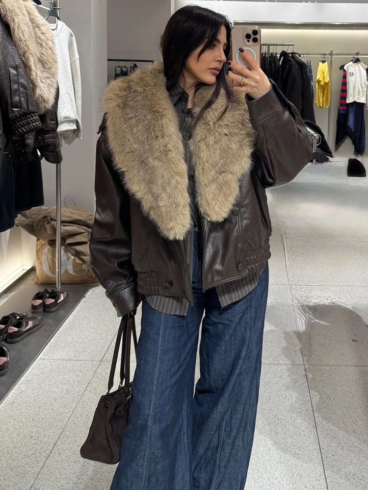 HH – veste bombardier en cuir pour femme, col en fausse fourrure, ample, manches longues, Double boutonnage, revers détachable, manteau chaud, Streetwear, hiver