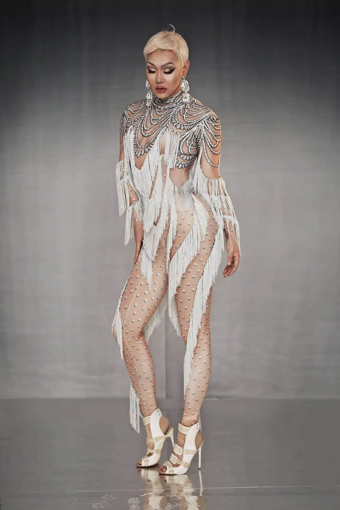 Classic Sexy Spandex Skinny Tassel Jumpsuit for Women Nightclub Party Elastic Bodysuit Masquerade Event Showgirl Costume Huichen