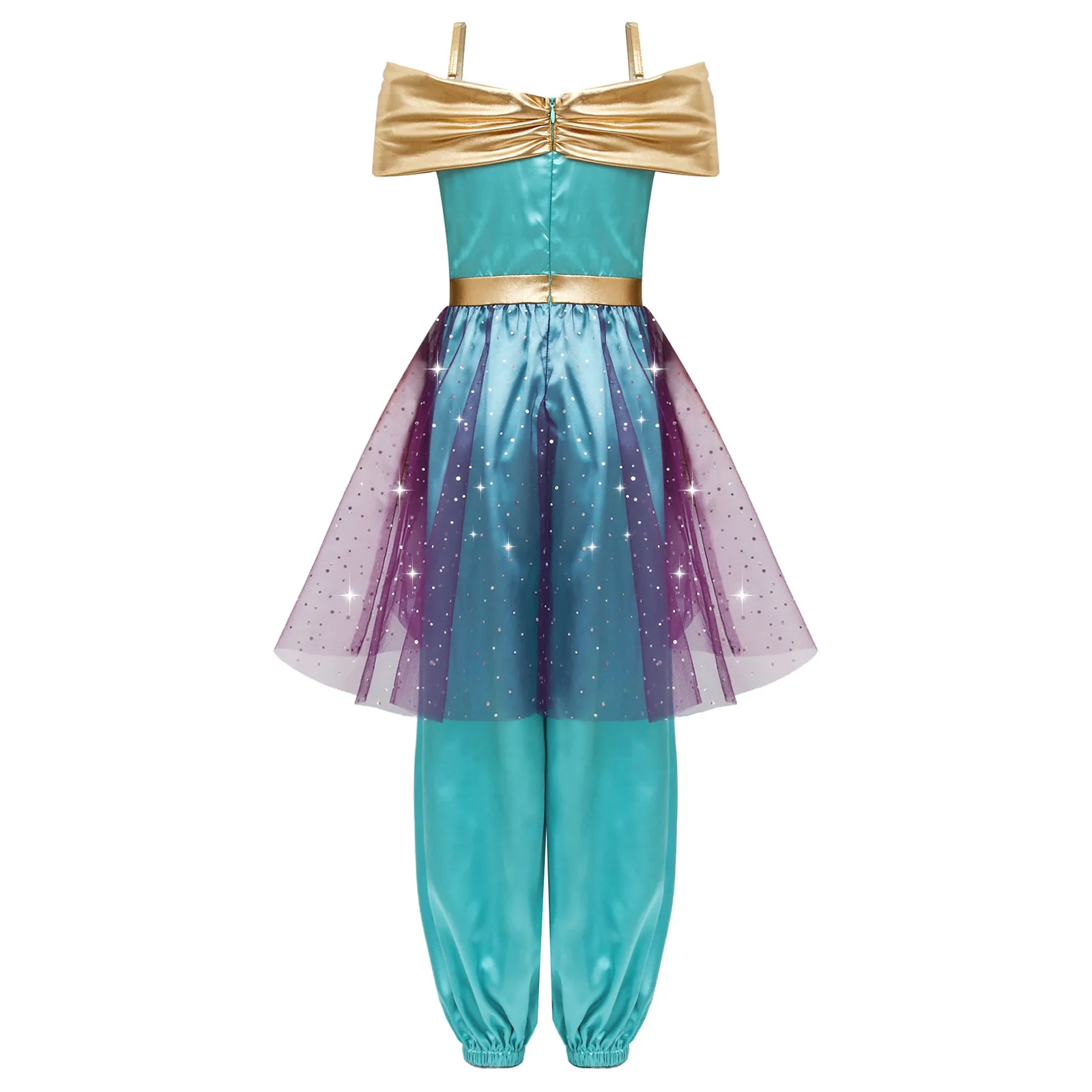 Children Girls Halloween Carnival Arabian Princess Costume Shiny Sequin Tulle Overlay Bodysuit Belly Dance Performance Jumpsuit