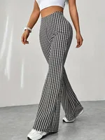 Pantalones acampanados elásticos de cintura alta con estampado de espiga, pantalones casuales de moda, cómodos pantalones micro acampanados