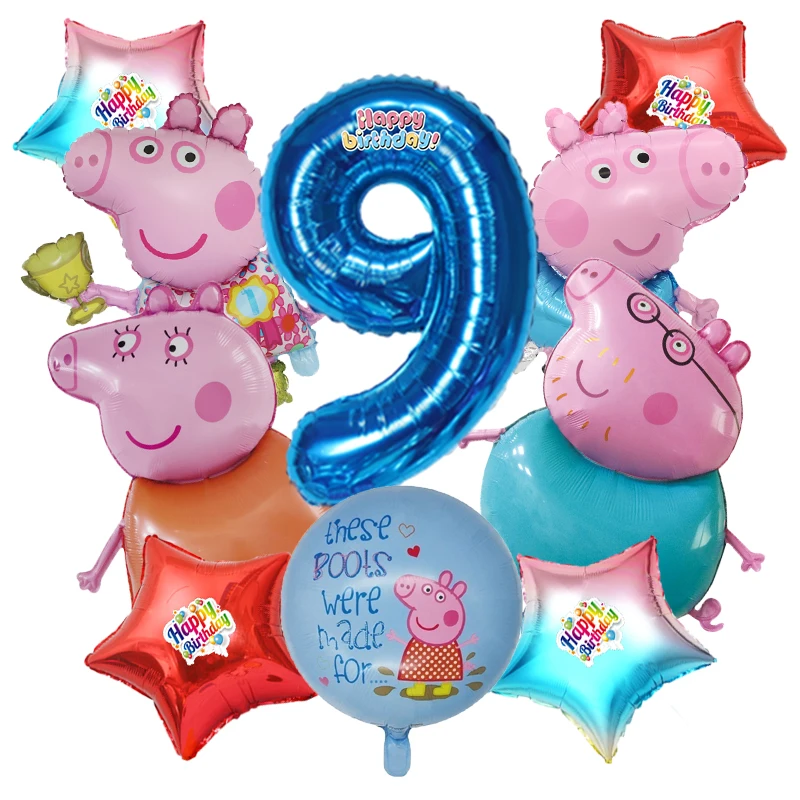 10pcs Cartoon Peppa Pig Family Balloon Kit Dark Blue Digital 0-9 Foil Globos Star Round Themed Balloons Birthday Backdrop Decor view 5