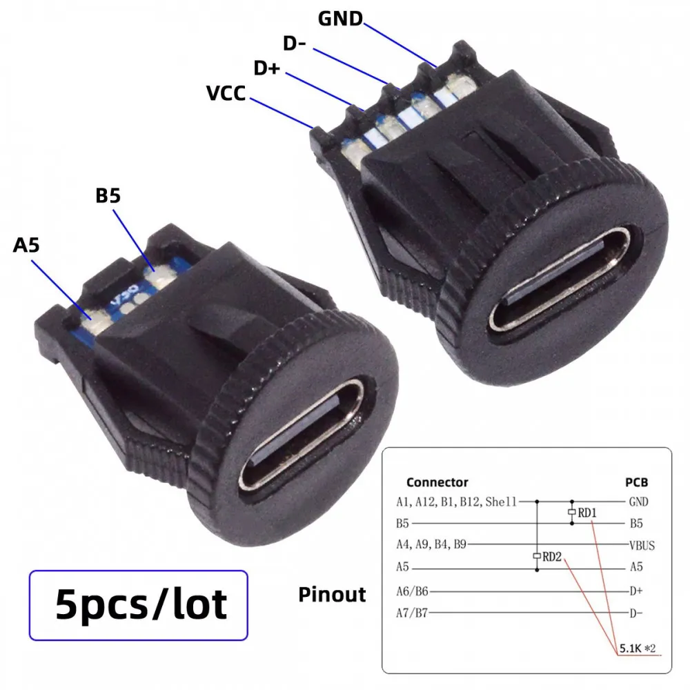 5pcs Type C Connector Female Socket to 6Pin PCBA Pinout Round Latch Mount Type DC 5V/20V PD Power IP67 DIY OEM