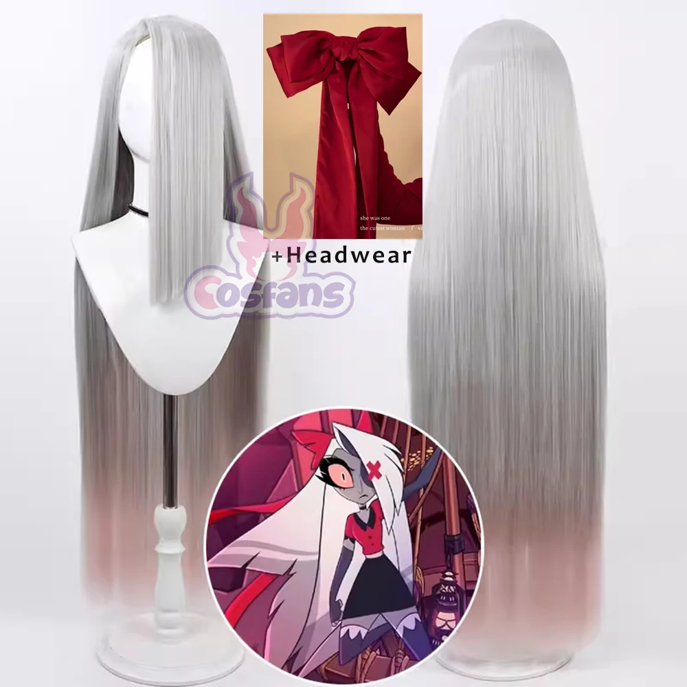 Hazbin Vaggie Cosplay Hotel Vaggie Wig With Red Bow Headwear Vaggie 90cm Long Hair White Sliver Hair Women Halloween Cosplay