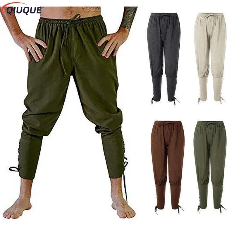 

XT8Pirate Adult Men Medieval Renaissance Gothic Cuffed Pants Cotton and Linen Trousers Leg Bandage Halloween Pirate CXT6@!