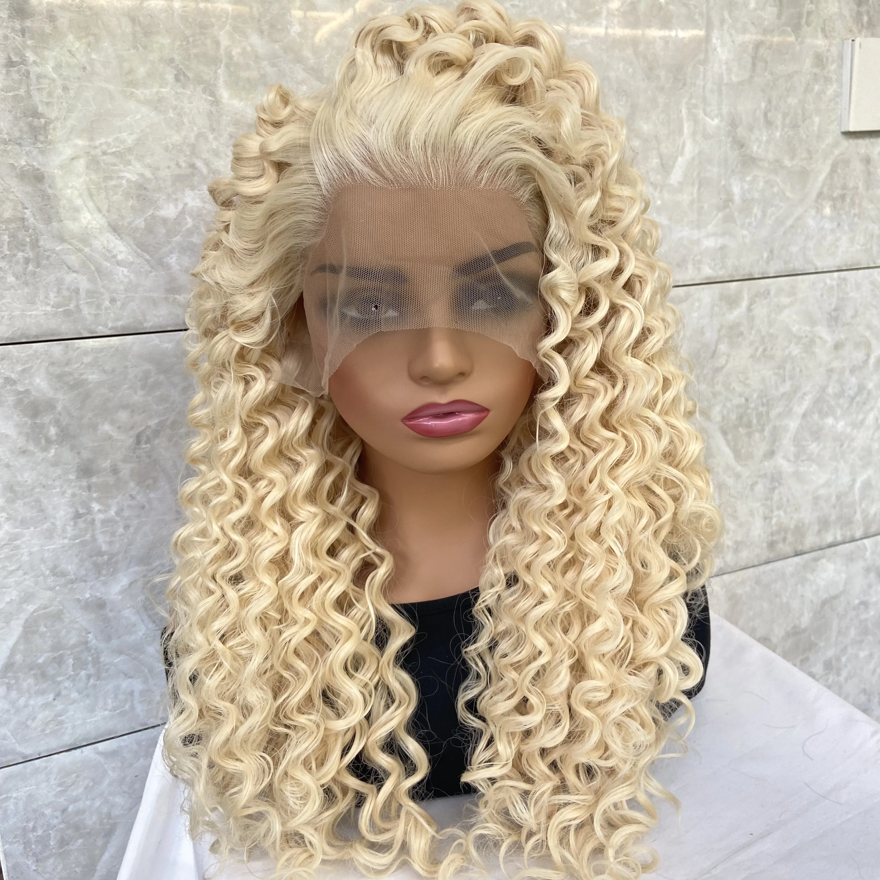 Fashiomag-Long Kinky Curly Blonde Full Lace Front Wig para Mulheres, Cabelo Humano Natural, Blend Heat Ok Wigs, Uso Diário, #613