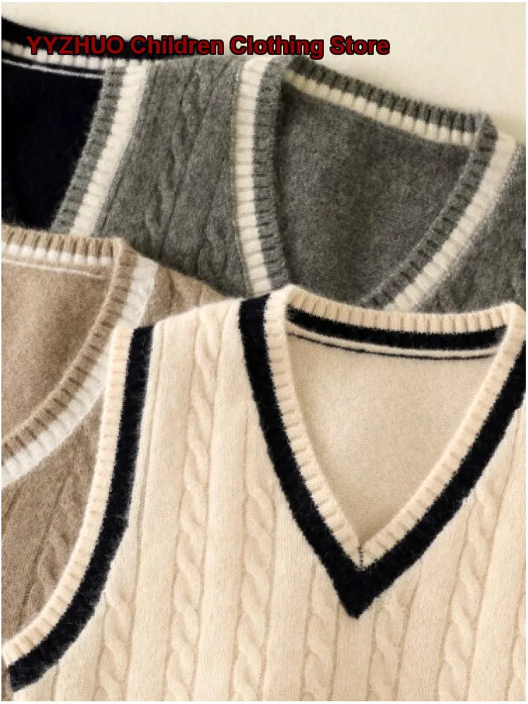 Boys Girls Autumn Winter Cashmere Vest V-Neck Heart-Shaped Cutout Knit Waistcoat Solid Color Base Layer Top Kids