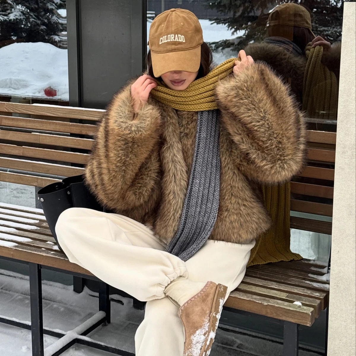Women's Fluffy Faux Fur Coat Camel Shaggy Lapel Collar Cropped Thick Warm Winter Jacket Elegant Luxe Chic Outerwear