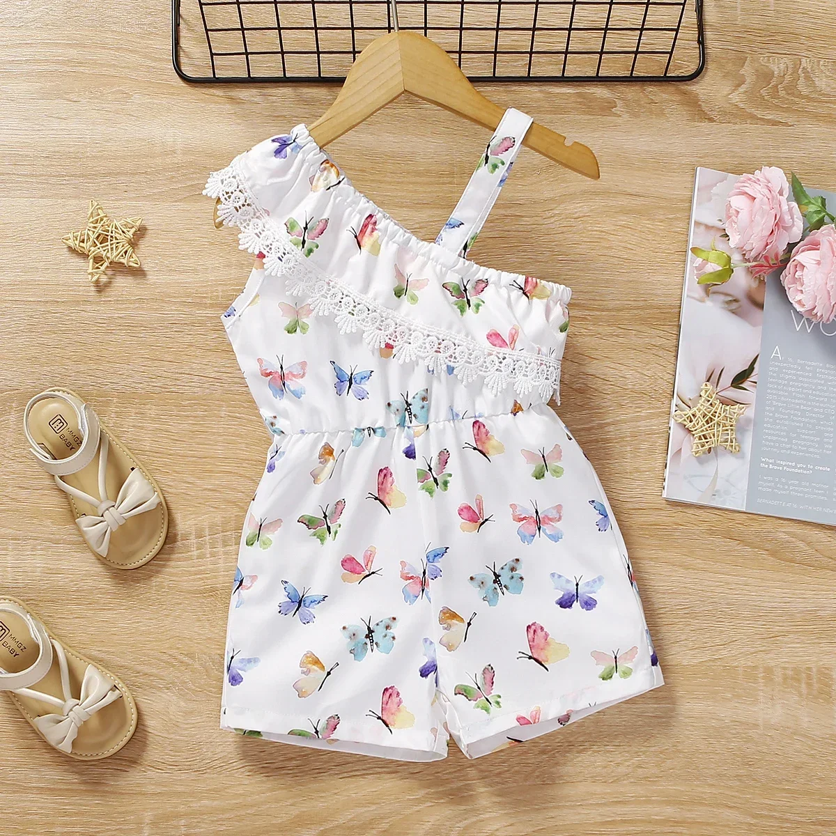 PatPat Toddler Girl Butterfly Print One-Shoulder Cami Romper Suitable for Summer Season Soft and Comfortable Basic Style