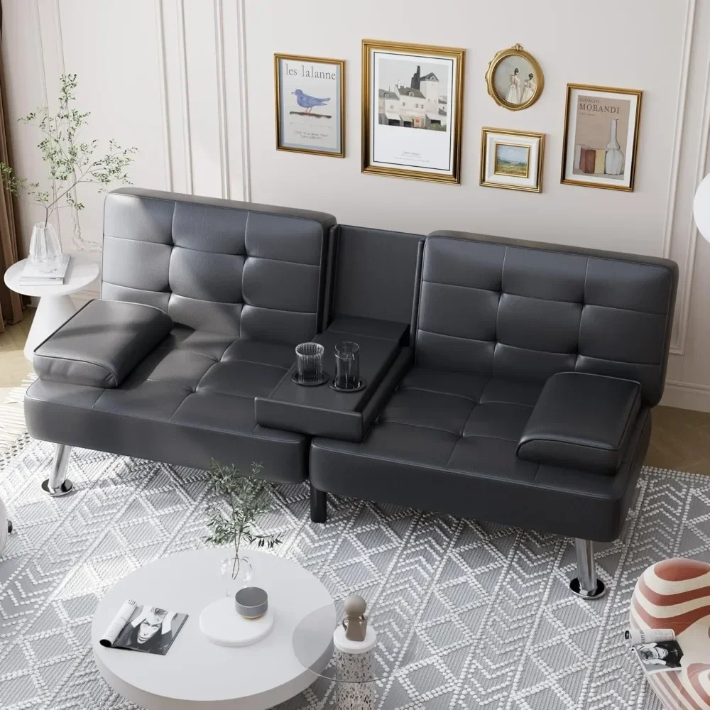 

v Convertible Folding Futon Sofa Bed Sleeper Couch Faux Leather Upholstered Loveseat w/Removable Armrests