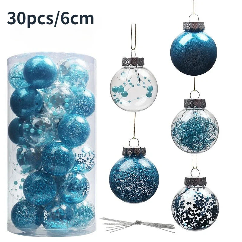 30pcs 6CM Transparent Christmas Ball Ornaments Blue Silver Christmas Tree Party Decoration Christmas Spheres Pendant Set