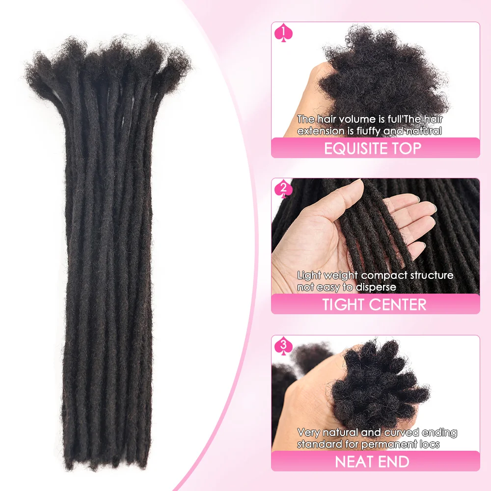 0.6cm Human Hair Dreadlock Extensions 20 Strands/Pack for Men/Women Kinky Twists Soft Braids Extensions Can Be Dyed 4-28 Inch